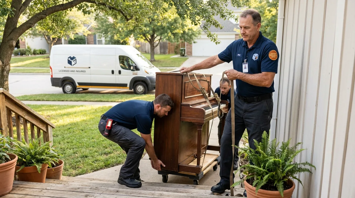 Licensed piano movers securing grand piano in Emigsville, PA