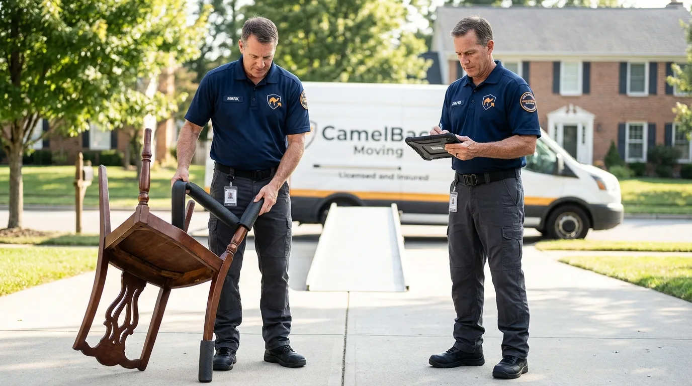 Movers inspecting furniture for damage prevention before loading in Emigsville, PA