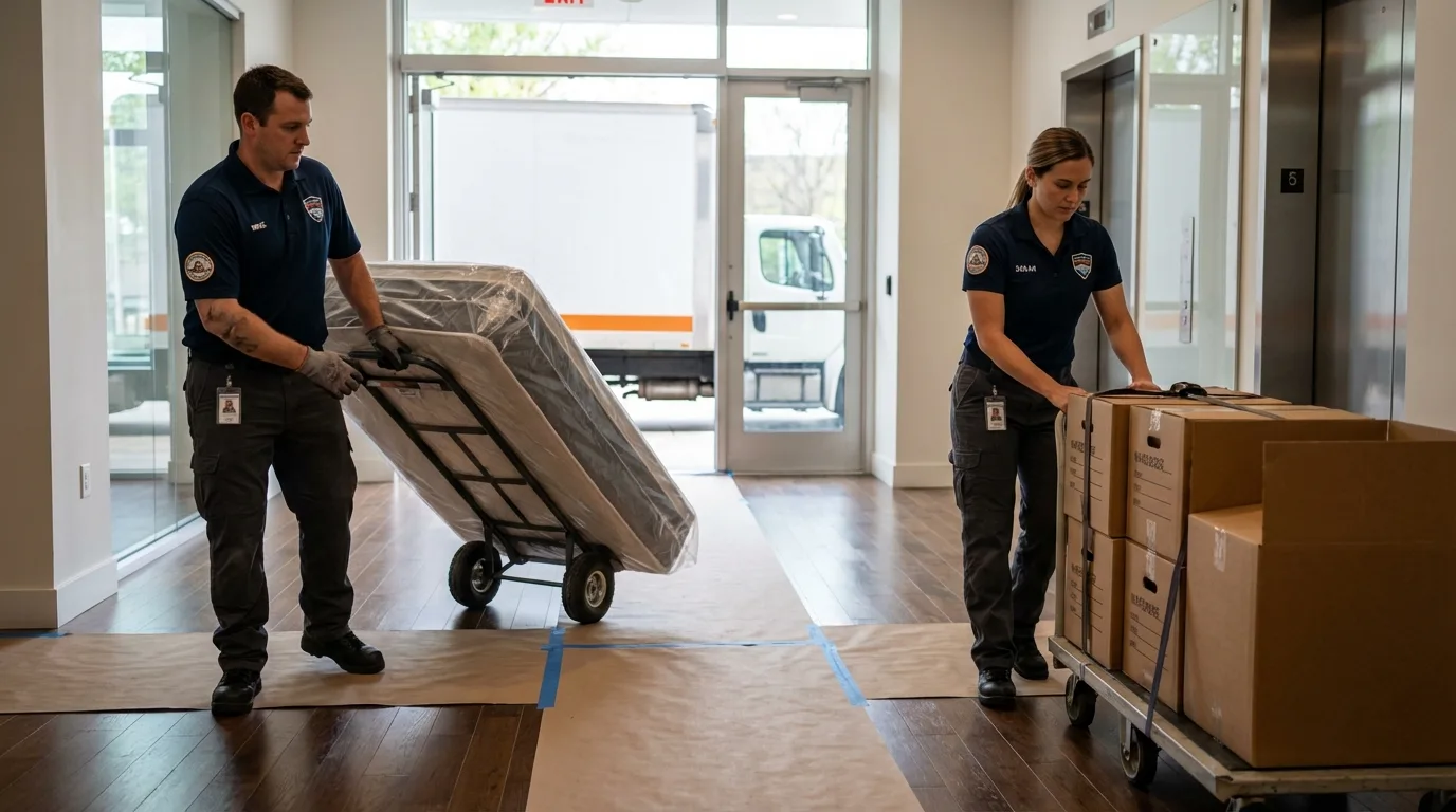 Professional apartment movers loading elevator in Emigsville, PA