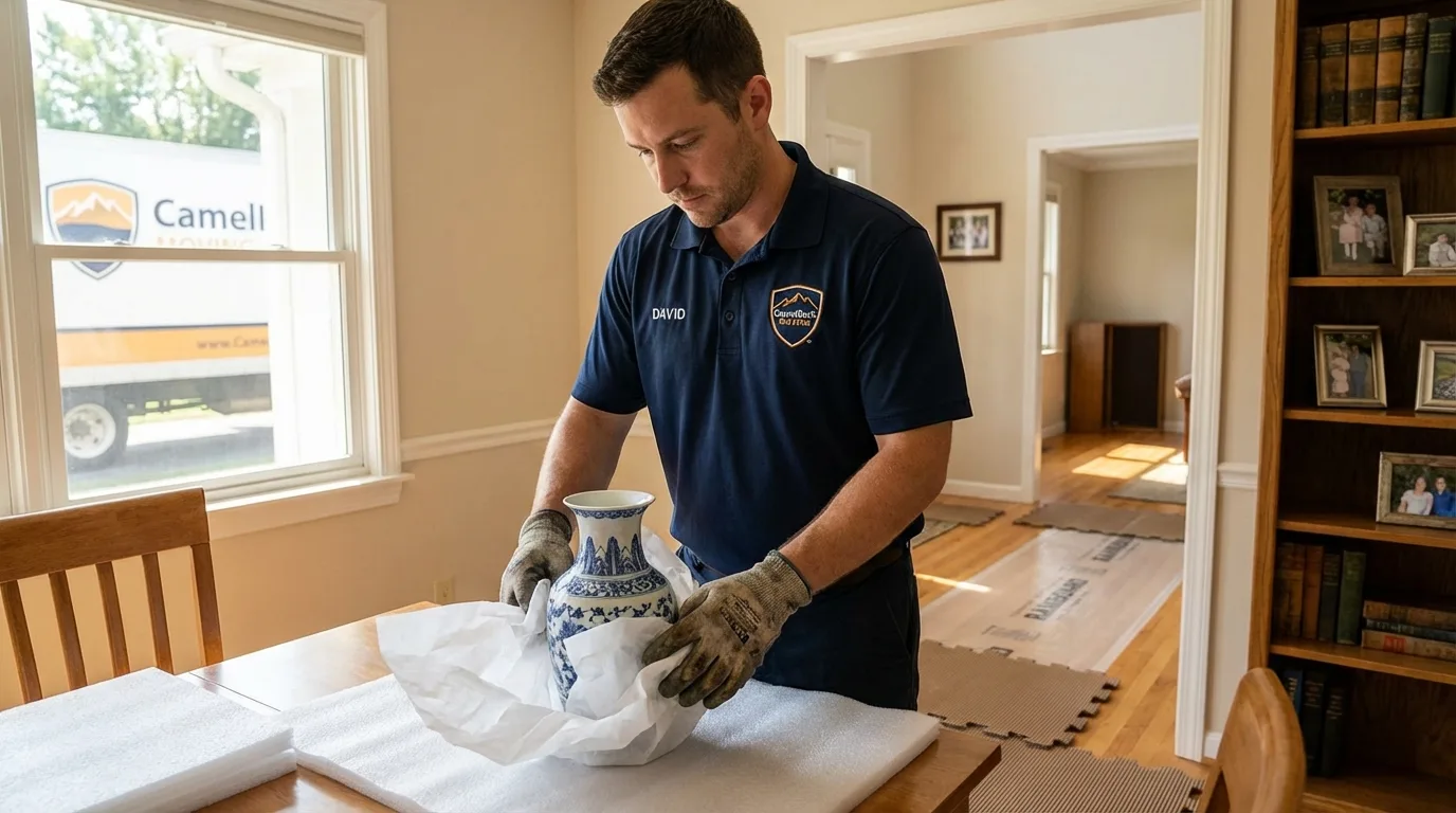Professional crew carefully wrapping antique vase for senior downsizing move in Emigsville, PA